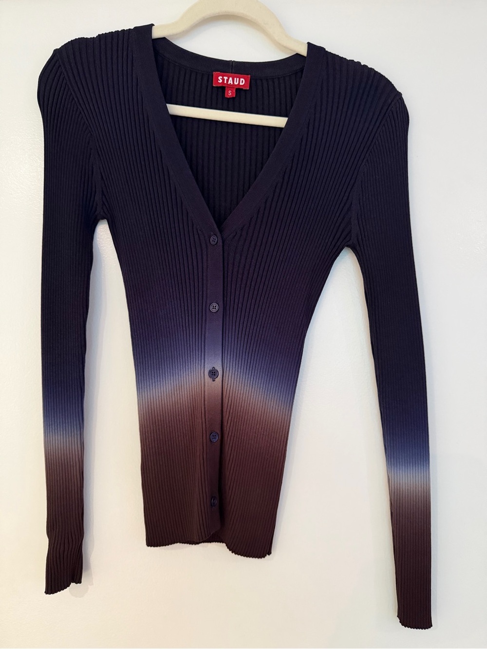 STAUD Ombre Ribbed V-Neck Cardigan in Black and Brown